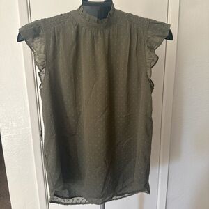 LOFT Olive Green Dot-Texture Flutter Sleeve Smocked Neck Blouse